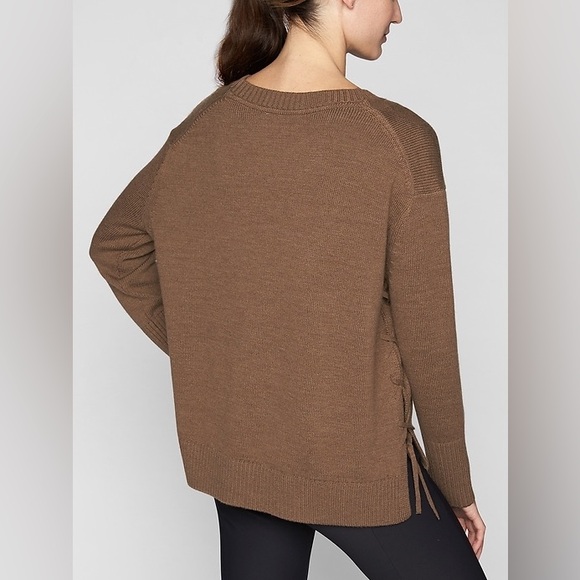 Athleta Womens M Sweater MERINO NOPA SWEATER Lace Up Brown Heather 100% Wool - Picture 2 of 9